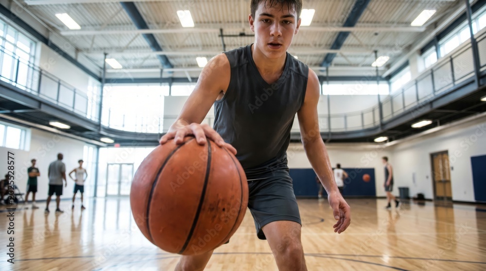 Obraz premium Teenager playing basketball in indoor gym. Young athlete dribbling ball on wooden court. Sport training, healthy lifestyle, team game, hobby, recreation, physical exercise, physical education.