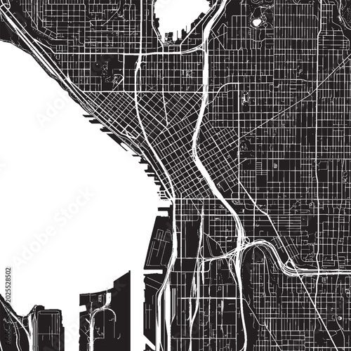 Принти на полотні Downtown Seattle Washington Vector Map, Detailed District Street Map Black and W