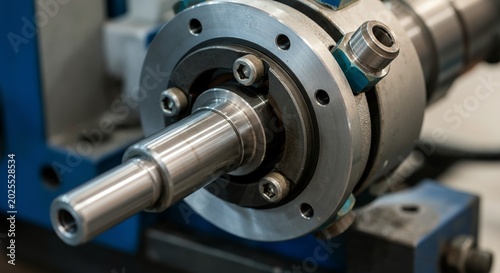 Macro detail ruptured industrial pneumatic air cylinder severely bent stainless steel.
