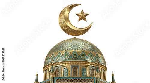 Ornate golden mosque dome featuring intricate blue mosaic tiles under a radiant metallic crescent moon symbol isolated on white background