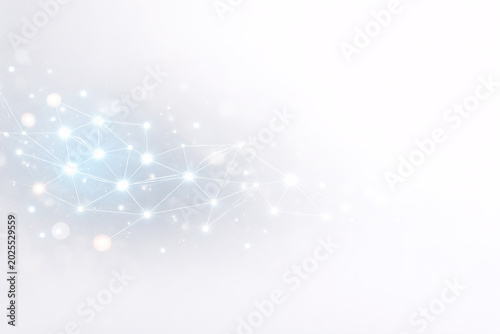 Abstract digital with interconnected lines and circles in white and light blue, creating a complex and harmonious network.