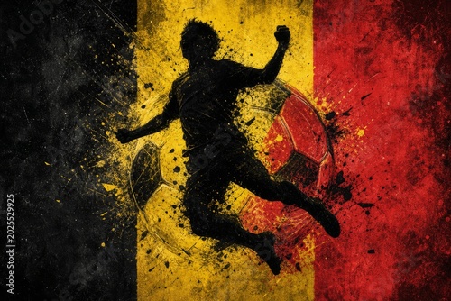 Belgium national football team wallpaper, banner, poster, background. Belgium soccer player silhouette celebrating victory against a grunge national flag.
