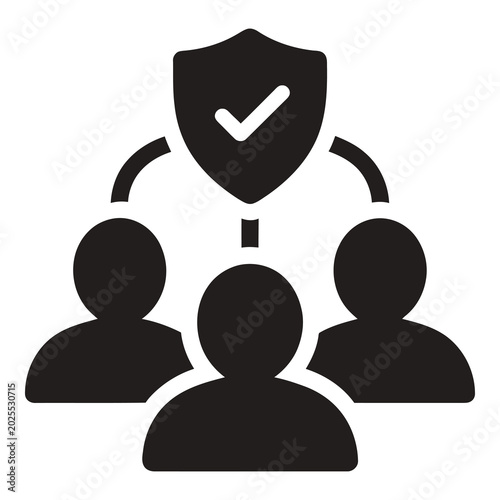 Three people under protection shield with checkmark icon icon