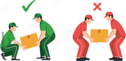 Fotografie Proper and Improper Box Lifting Techniques Illustration for Workplace Safety and