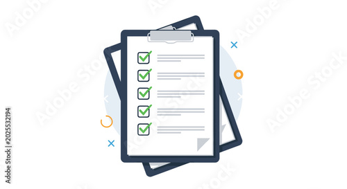 Daily tasks or planning concept showing a checklist clipboard with green marks and colorful decorative symbols.