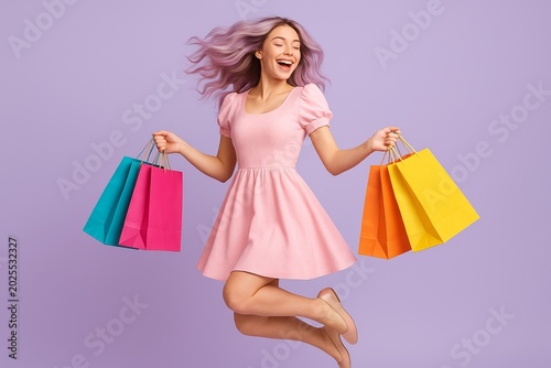 young woman with vibrant hair jumping in the air, holding a variety of colorful shopping bags. She is overflowing with joy and excitement after a successful shopping trip