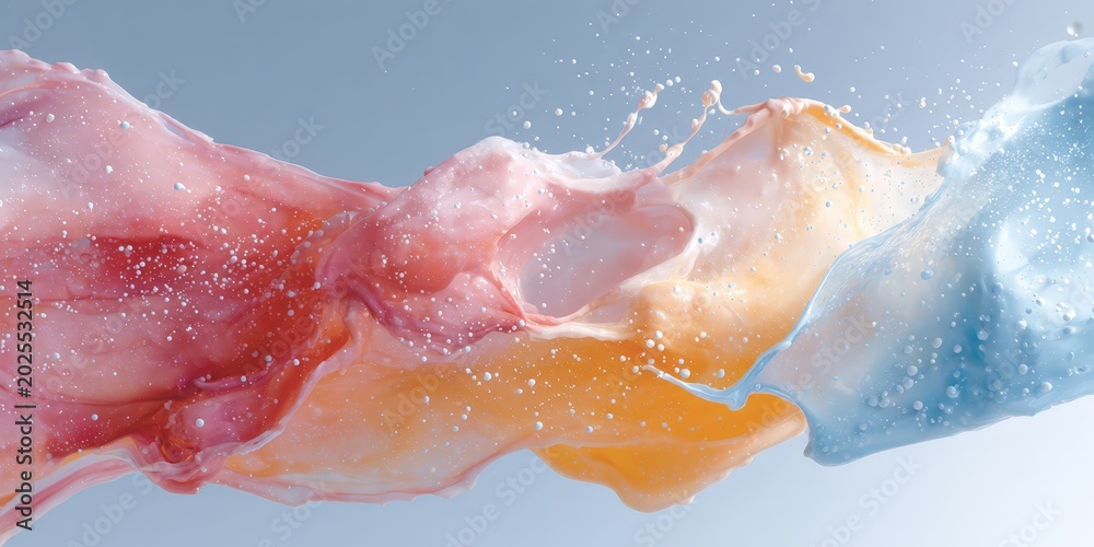 Fototapeta premium Abstract colorful liquid splash background with pastel orange pink and blue flowing waves for modern wallpaper and banner design