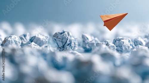 Red paper plane leads multiple white planes on a blue of adaptive leadership and collaborative business strategy