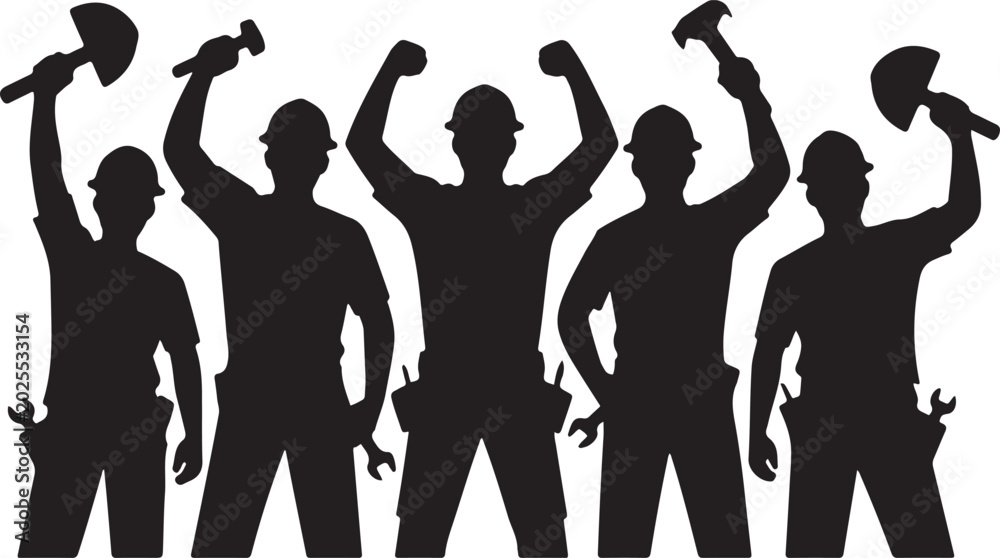 Fototapeta premium A group of workers in silhouette celebrating Labour Day with tools and hard hats. silhouette vector illustration