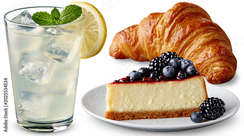 Breakfast with Cheesecake Croissant and Fresh Lemon Drink on White Background