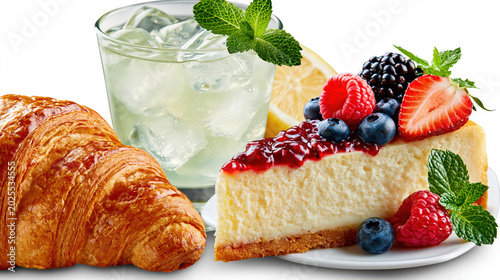 Breakfast with Cheesecake Croissant and Fresh Lemon Drink on White Background