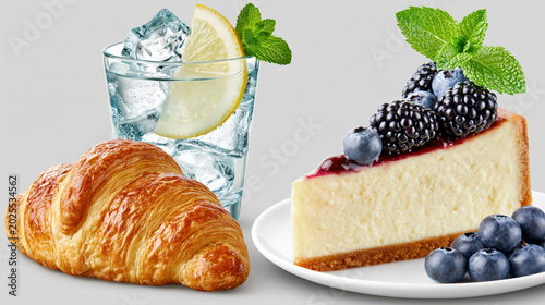 Breakfast with Cheesecake Croissant and Fresh Lemon Drink on White Background