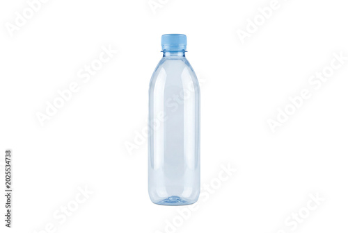 Clear Water Bottle: A single, empty, clear plastic water bottle with a blue cap stands ready for use, isolated on a simple background.