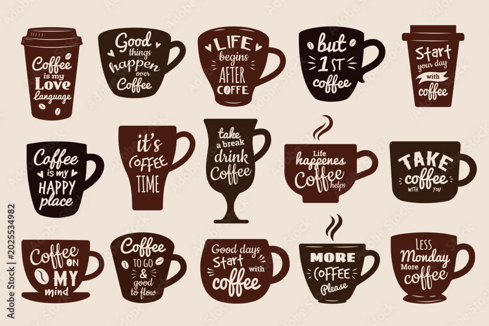 Fototapeta premium Coffee lettering. Vector set of coffee mugs with stylish text designs and modern cafe inspiration in recent mood