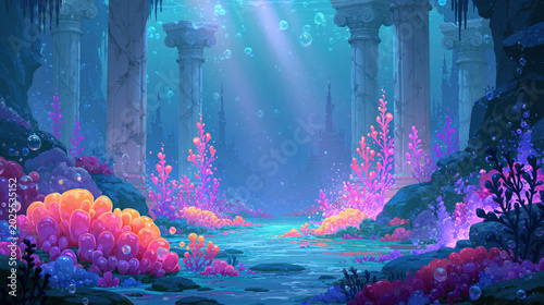 Fantasy underwater ruins with colorful coral reef, magical ocean landscape illustration