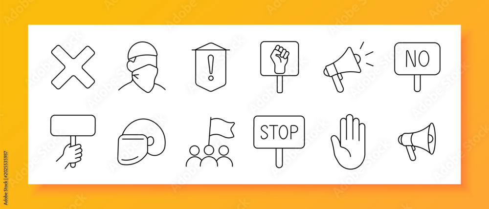 Fototapeta premium Protest activism set icon. Line icons depict cross mark, masked protester, warning sign, raised fist placard, megaphone, no sign, blank sign, helmet, crowd with flag, stop sign, raised hand