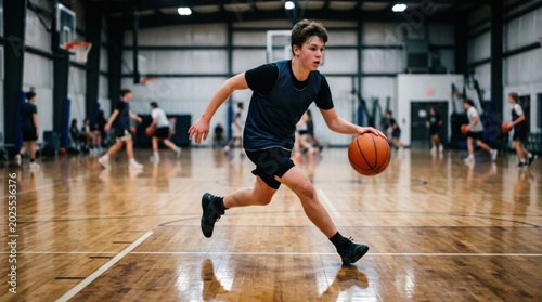Teenager dribbling basketball on indoor court. Young boy playing sport in gymnasium during training session. Athletic student exercising and active lifestyle concept for competition.