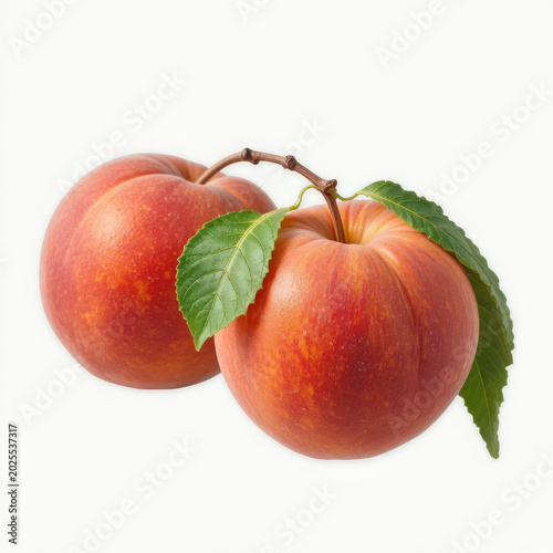 Peaches with Leaf Isolated on White Background