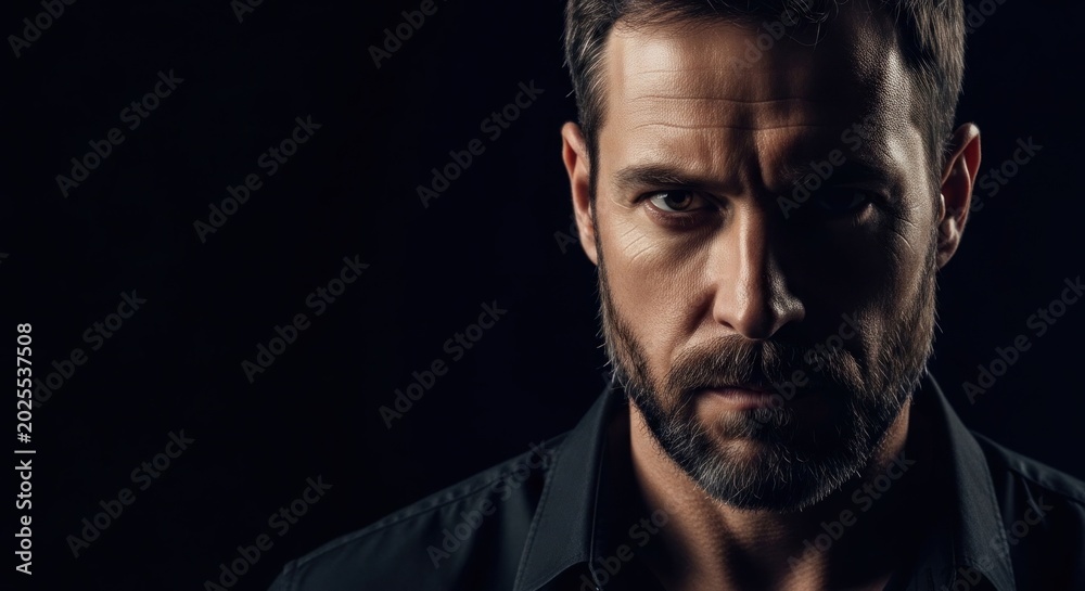 Fototapeta premium Intense Portrait of a Bearded Man with Dramatic Lighting.