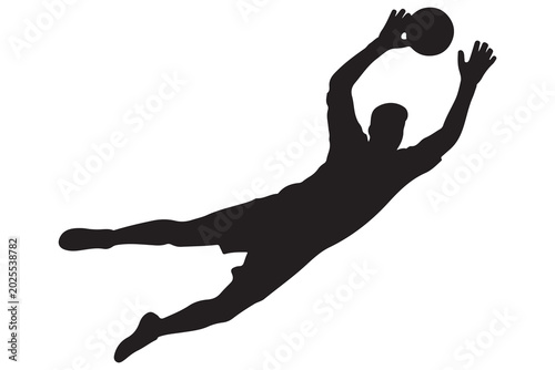 Foto Black silhouette of a soccer goalkeeper diving to catch the ball goalie catching
