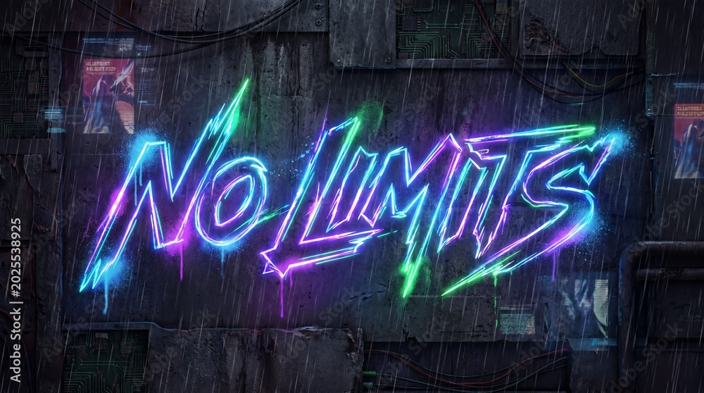 Fototapeta premium Vibrant neon graffiti on industrial wall with No Limits message in rain