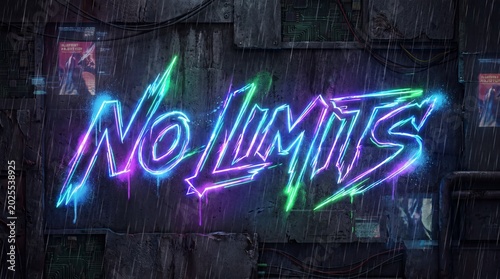 Vibrant neon graffiti on industrial wall with No Limits message in rain
