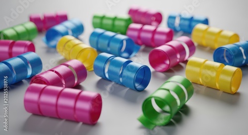 Colorful paper rolls scattered on a light surface, creating a playful and vibrant scene.