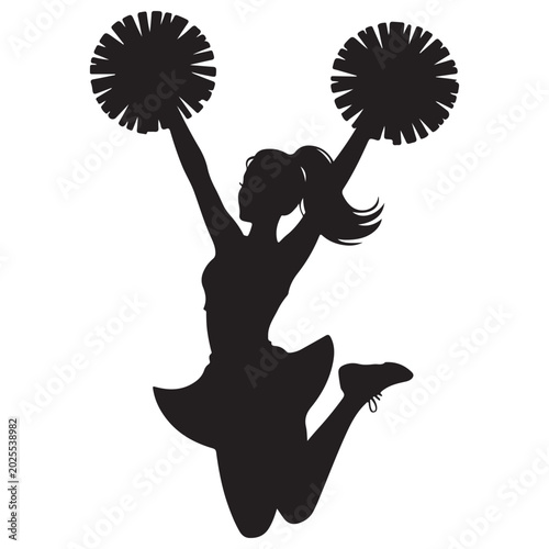 Foto Black silhouette of a cheerleader in a dynamic pose, holding pom-poms aloft