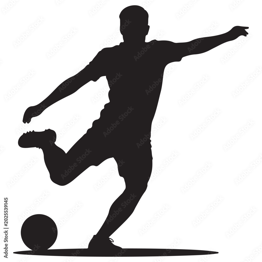 Obraz premium Soccer player silhouette vector illustration, football action poses, kicking ball stance, cad drawing flat vector illustration, sports icon design 