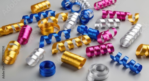 Colorful metallic ribbons scattered on a neutral surface, creating a festive and vibrant display.