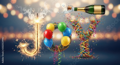 A festive scene with a champagne bottle popping, colorful balloons spelling 'JOY', and sparklers creating a celebratory atmosphere.