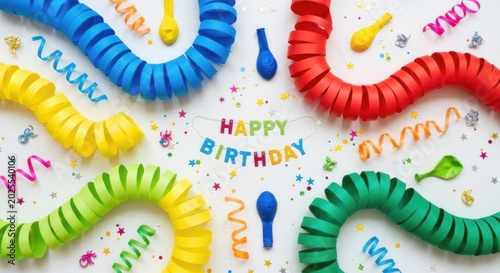 Colorful paper streamers and balloons arranged on a festive background with the words 'Happy Birthday' prominently displayed. The scene is vibrant and celebratory