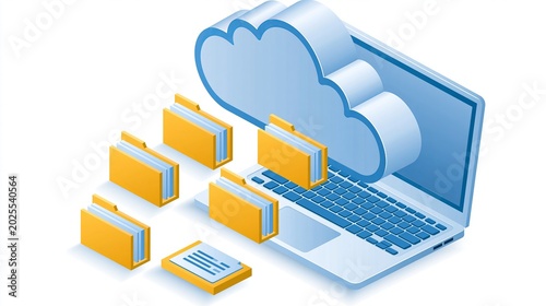 Computer data is stored in the cloud with folders and a laptop shown in a flat, angled drawing.