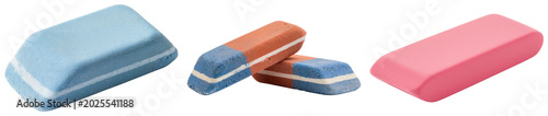 Foto Three erasers of different colors and shapes isolated on a transparent backgroun