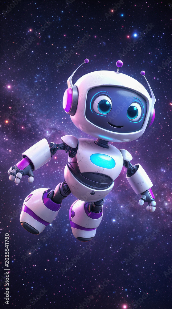 Fototapeta premium Small friendly android floating in deep space. Futuristic robot character exploring galaxy with stars and nebulae in background.