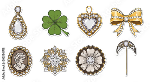 Collection of exquisite vintage jewelry and brooches featuring gemstones, pearls, a gold bow, cameo, and a lucky four-leaf clover.