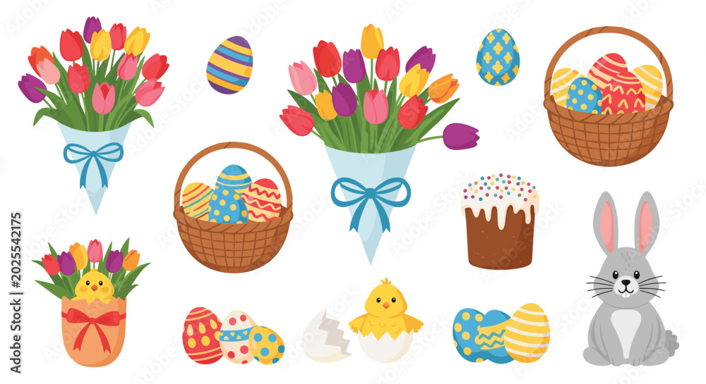 Fototapeta premium Delightful Easter holiday collection featuring cute bunnies, decorated eggs, spring flower bouquets, and traditional festive treats.
