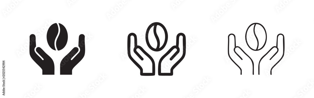 Fototapeta premium Hands Holding Coffee Bean Icon Set in Three Styles
