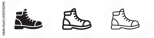 Fotografie Hiking Work Boot Shoe Icon Set in Three Styles