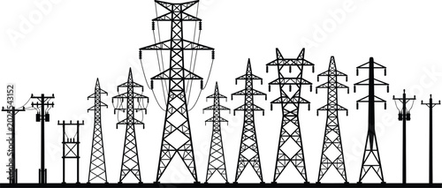 Foto Electricity pylons silhouette against a white background