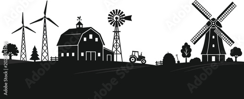 Fotografía Farm landscape silhouette with barn windmill and wind turbines