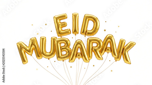 Shiny gold metallic eid mubarak balloon letters floating against a clean minimalist white background for festive islamic celebration