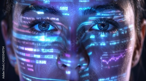 Facial interface with glowing digital code and financial charts projected on skin. Futuristic biometric scanning and data visualization concept.