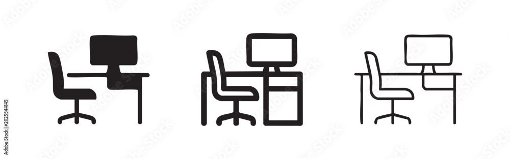 Fototapeta premium Workstation icons: desk, computer, chair, solid, outline, filled outline