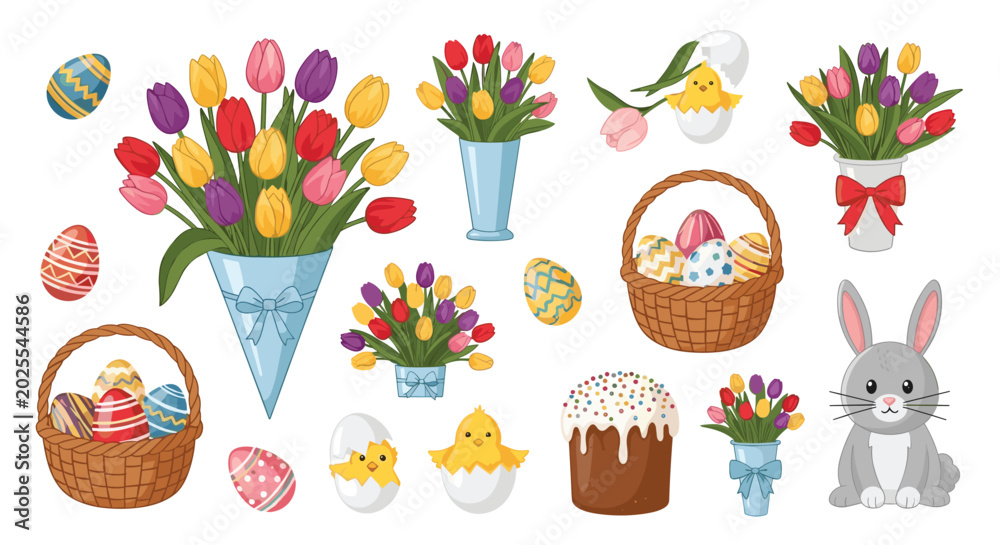 Fototapeta premium Large set of colorful Easter holiday elements featuring decorated eggs, spring tulips, cute baby chicks, bunnies, and traditional cake.