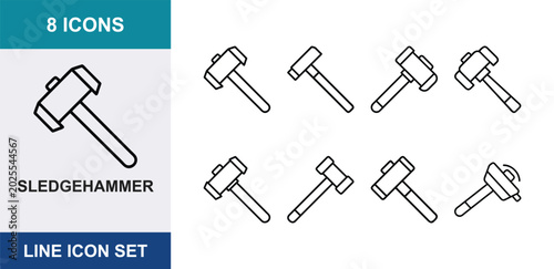 Fotografie 8 Sledgehammer Line Icons, Construction Tool Vector Set, Heavy Duty Equipment Gr