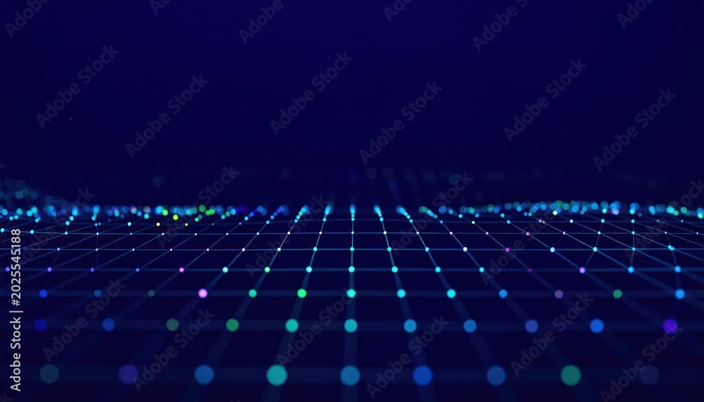 Naklejka premium Abstract technological background featuring a vibrant grid of interconnected glowing data points on a deep blue digital landscape, symbolizing modern computing and information flow