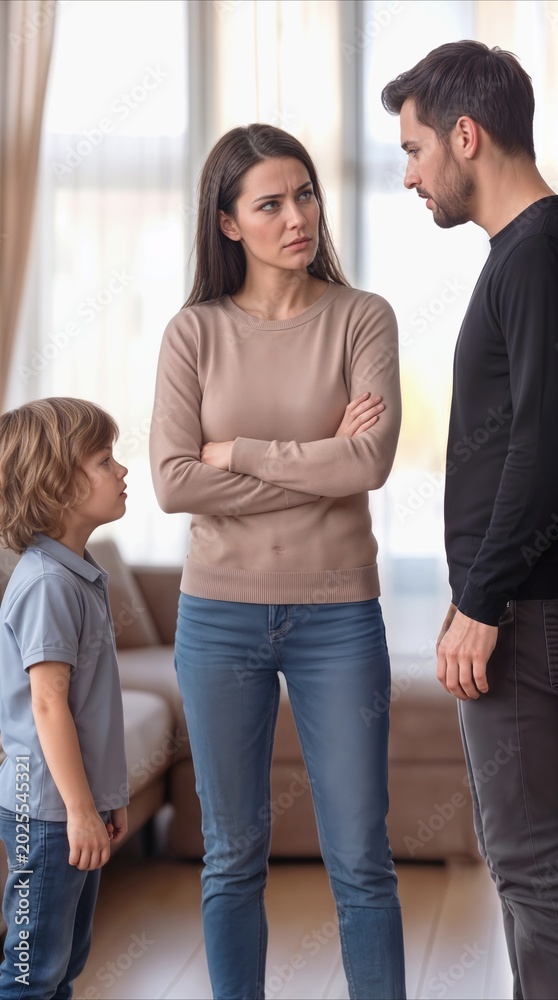 Fototapeta premium Married couple having a serious argument in their living room while their young son watches. Mother with crossed arms looking at her husband with a frustrated expression during a domestic conflict.