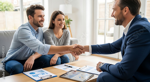 Happy young couple meeting financial advisor at home shaking hands smiling making successful deal agreement man woman planning future investment professional consultant visit