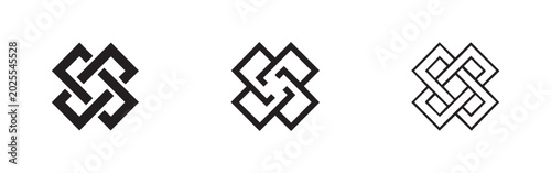 Foto Set of abstract interwoven square icons: solid black, outline thick, outline thi